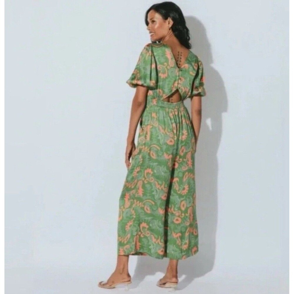 NWOT CLEOBELLA Claire Green Satin Jumpsuit Sz S Abstract Print Short Sleeve - Picture 2 of 13